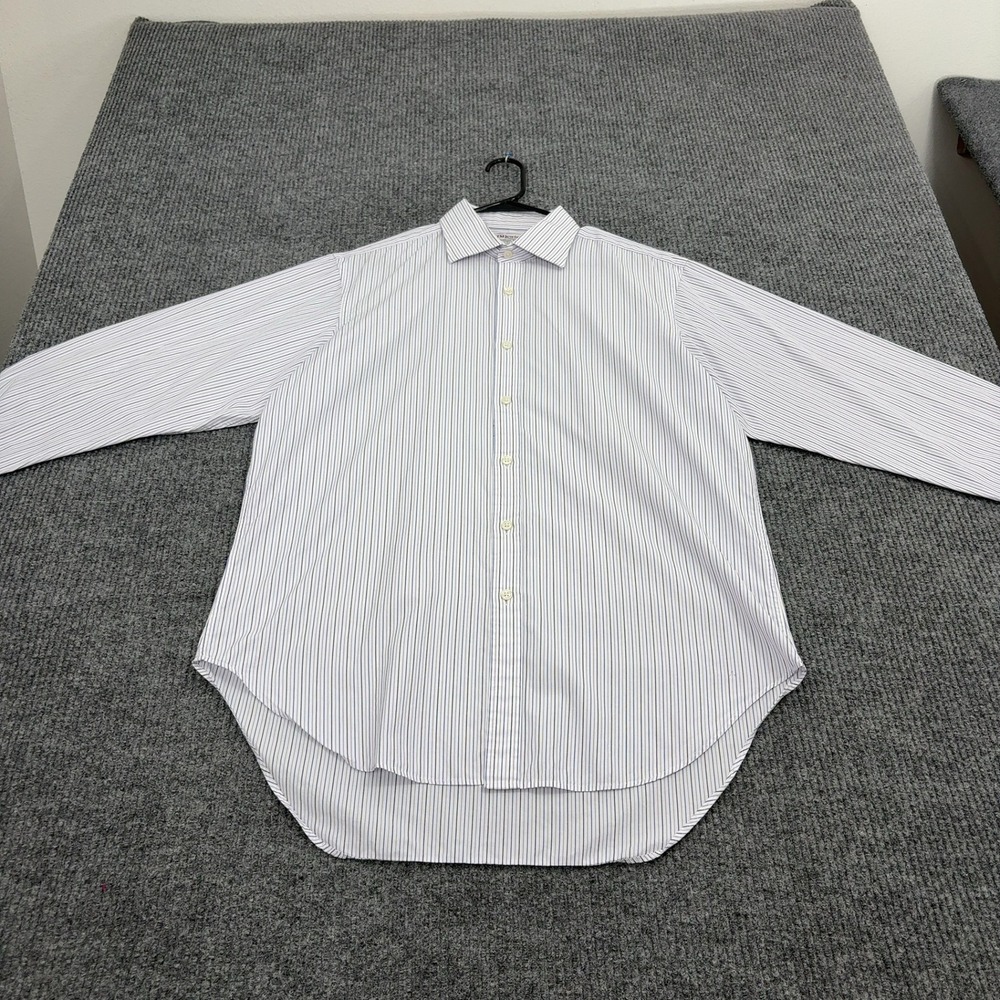 TM Lewin Dress Shirt Mens 16.5 White Blue Purple Cotton Striped French Cuff